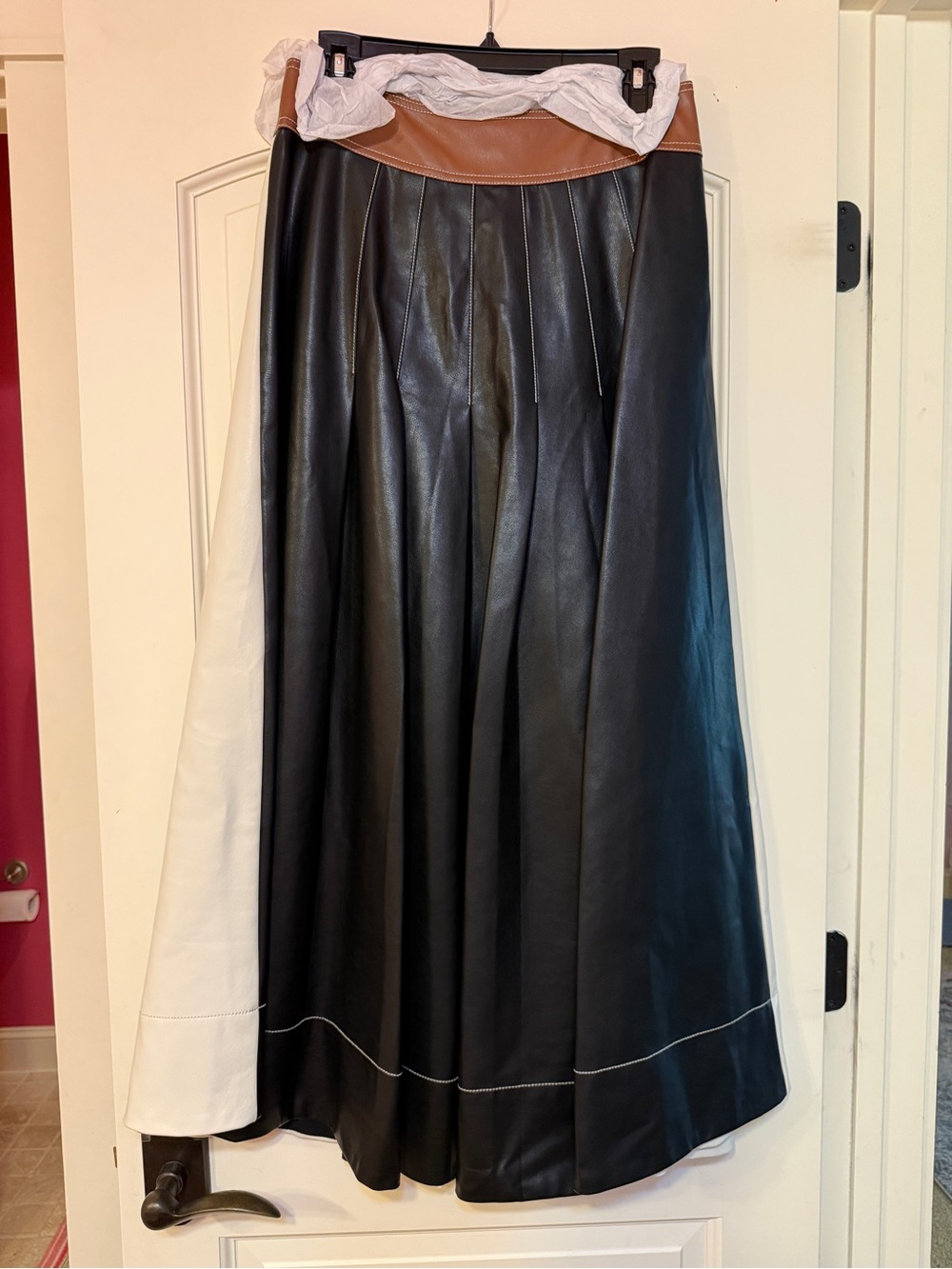 Anthropologie Black Faux Leather Maxi Skirt with Brown Waistband and Cream Panel